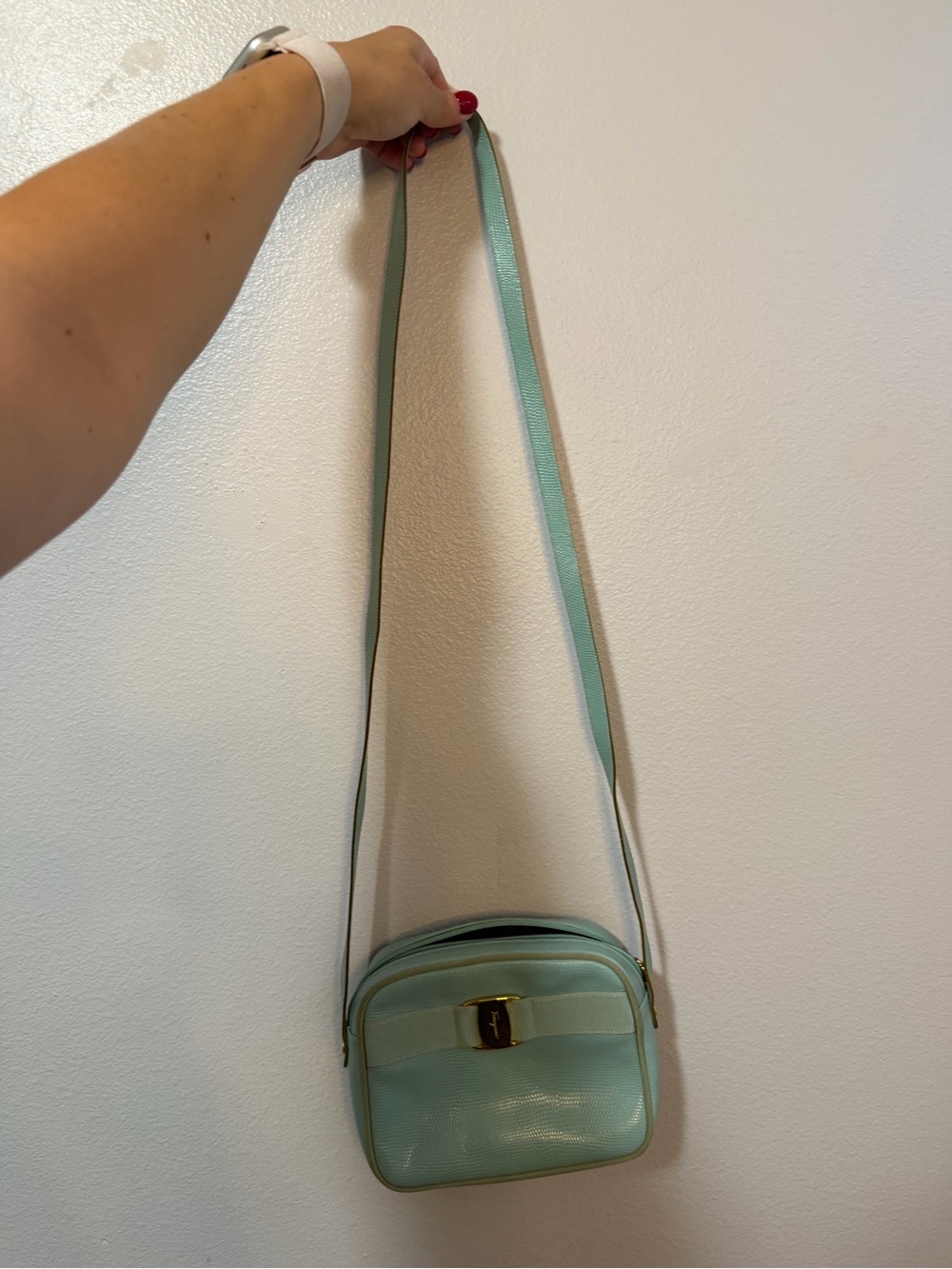 Salvatore Ferragamo Mint Green Lizard Vara Camera Crossbody Bag with Gold Accent